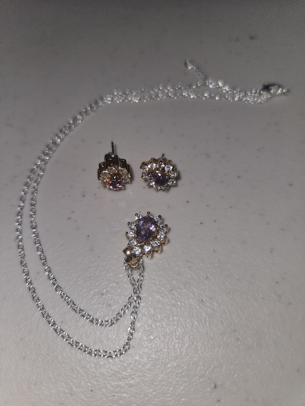 Necklace Purple  Stone W Cz Surronds Earrings Studded Match Basic Silver Chain